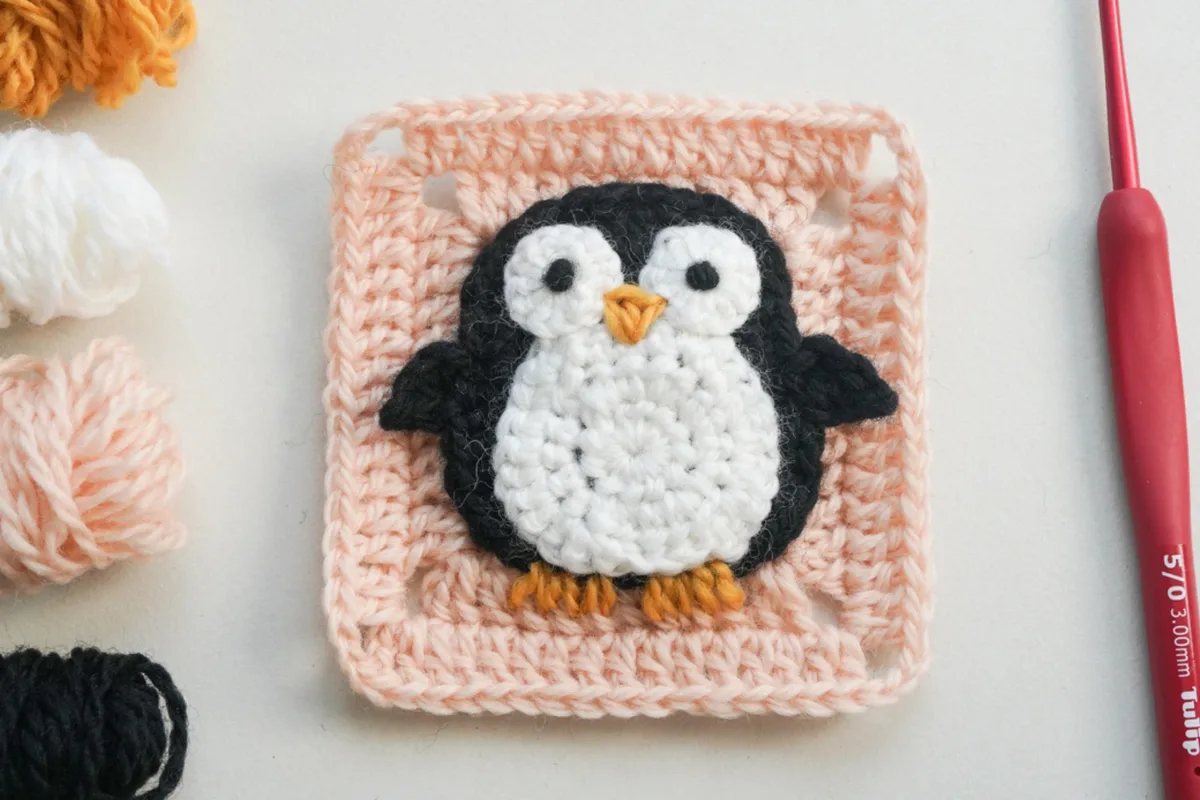 Penguin Granny Square, crocheted