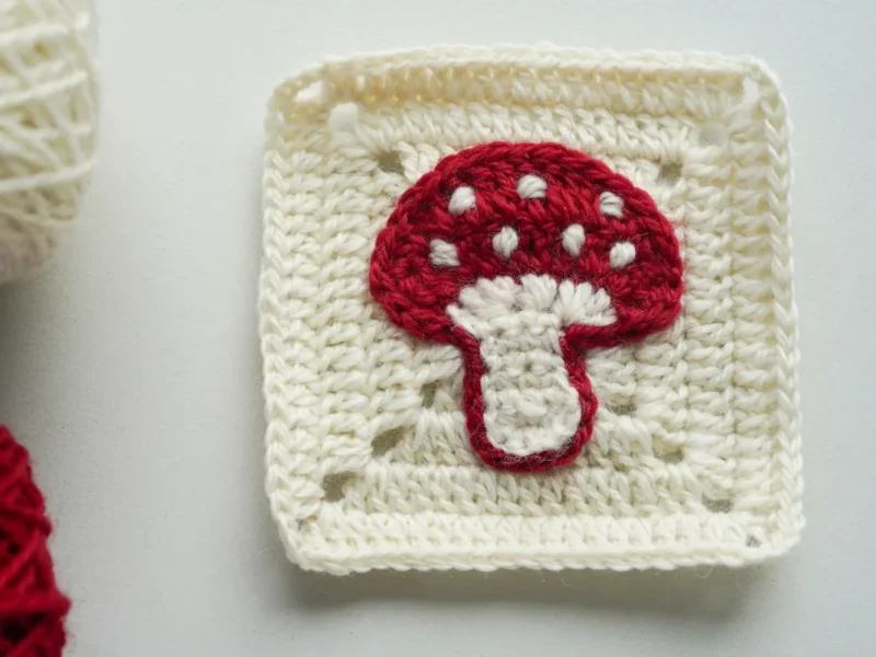 Mushroom Granny Square Free Crochet Pattern (Cute 4-Inch Toadstool Block), crocheted
