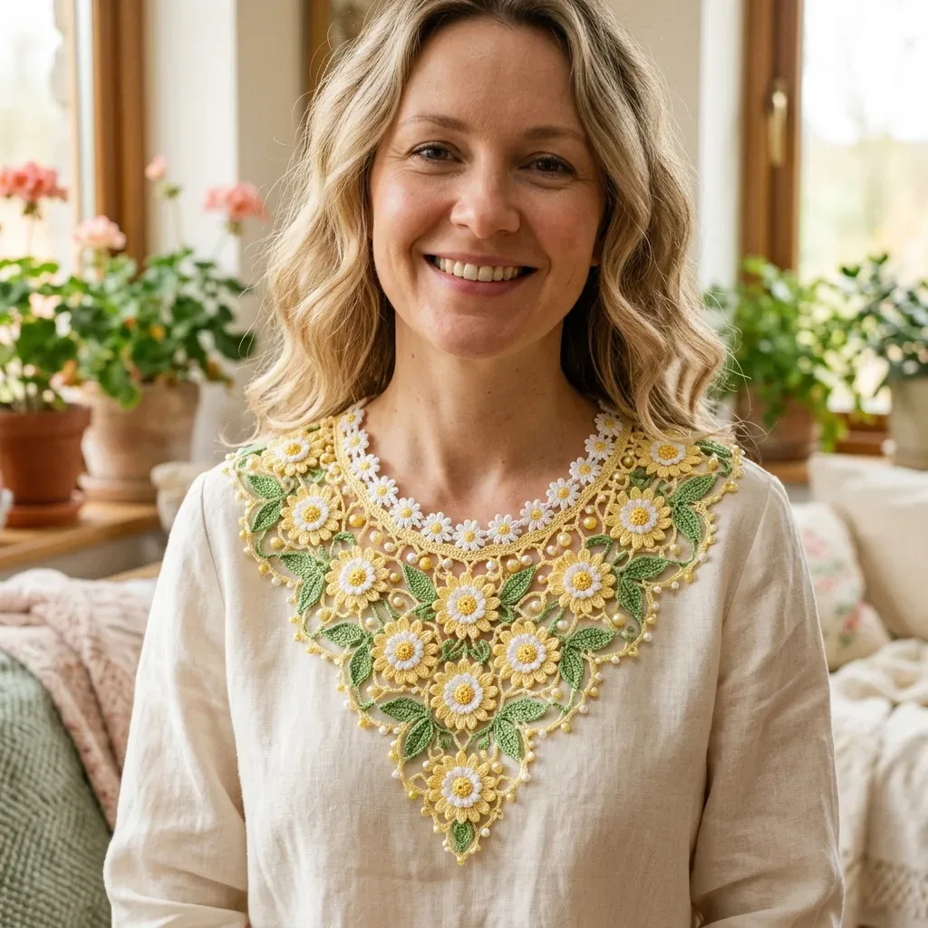 A butter yellow daisy collar with pearl beads