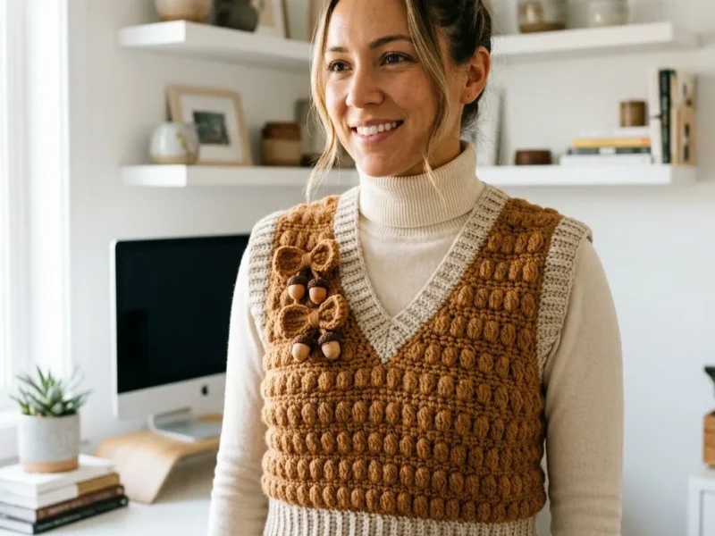 Caramel bobble stitch vest with an oatmeal bow