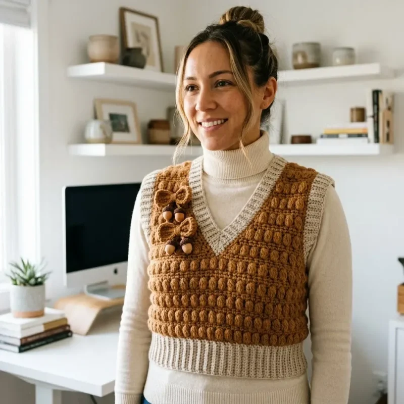 Caramel bobble stitch vest with an oatmeal bow — photo 2