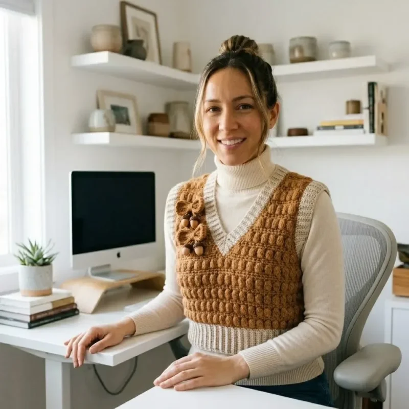 Caramel bobble stitch vest with an oatmeal bow — photo 3