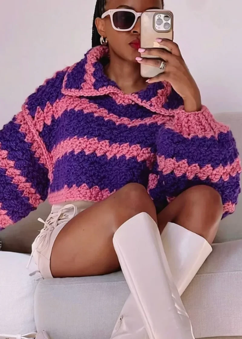 Chunky crochet sweater with collar, easy panels — photo 2