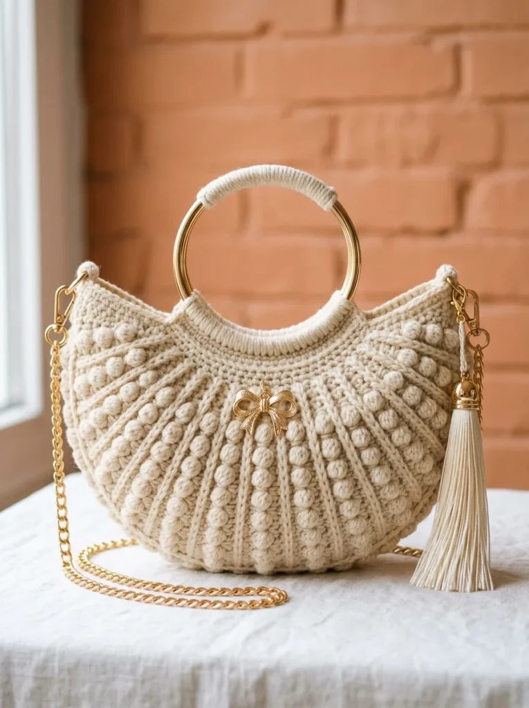 Cream and Gold Elegant Half Moon Bag Crochet Pattern