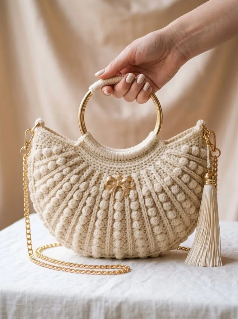 Cream and Gold Elegant Half Moon Bag Crochet Pattern — photo 3