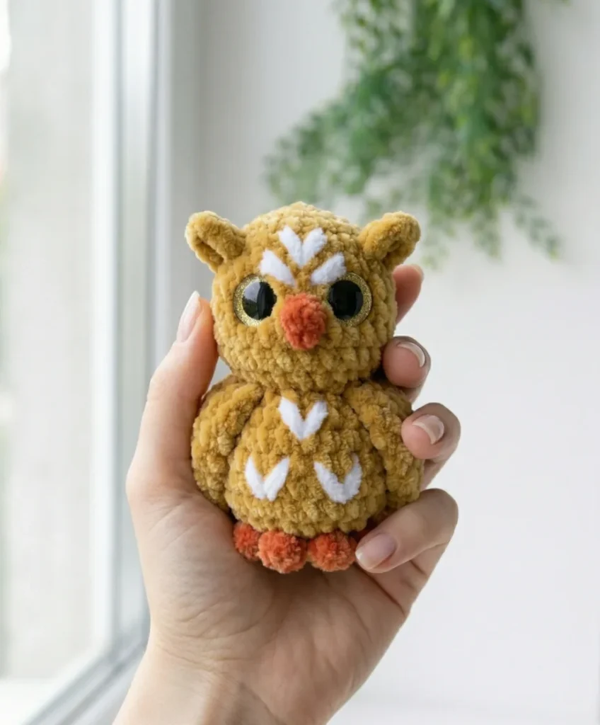 Small crochet owl keychain pattern for quiet evenings