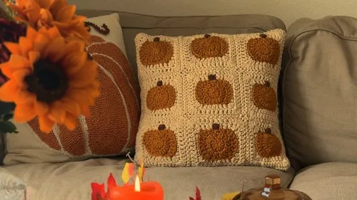 Crochet Pumpkin Pillow Cover with Granny Squares