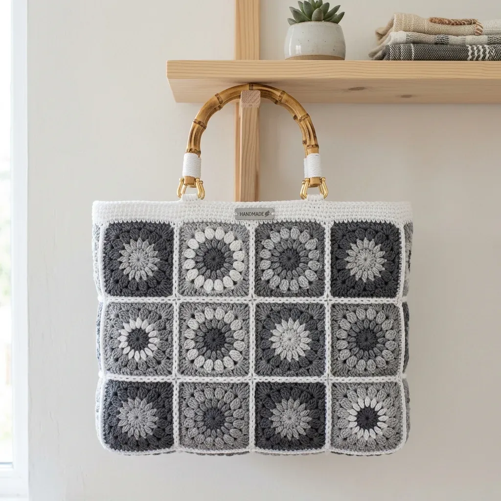 Monochrome Gray Granny Square Modern Tote Crochet Pattern