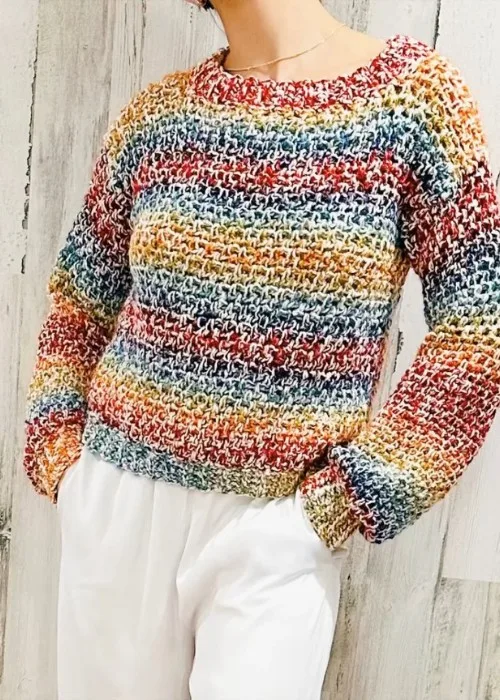 Rainbow striped crochet sweater with simple shell stitch — photo 3