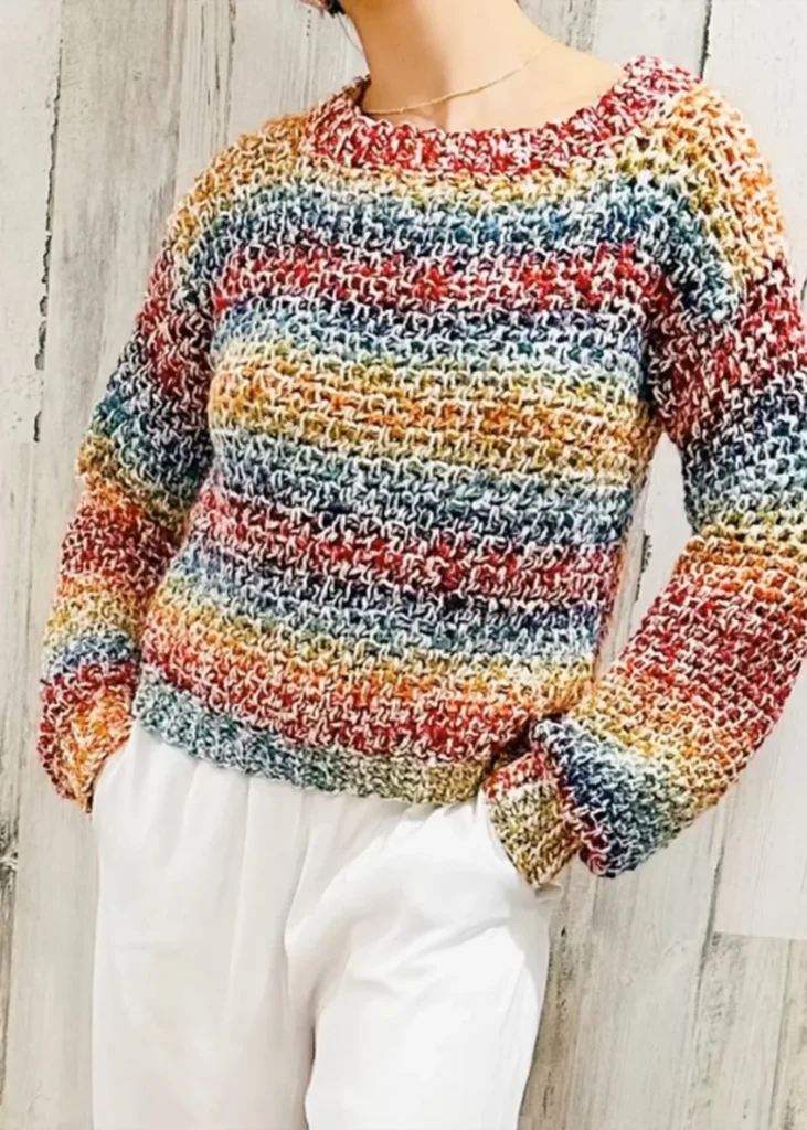 Rainbow striped crochet sweater with simple shell stitch