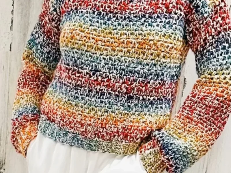 Rainbow striped crochet sweater with simple shell stitch