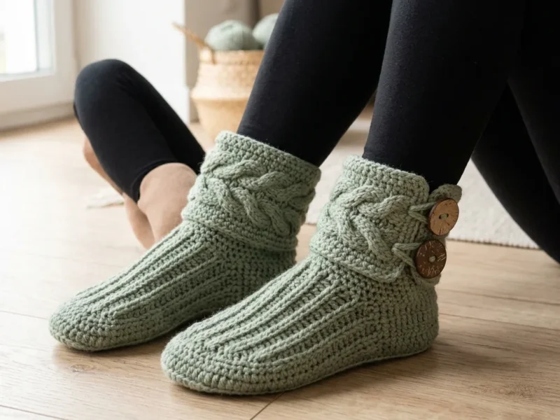 Sage Green Boho Button Slipper Boots Free Crochet Pattern