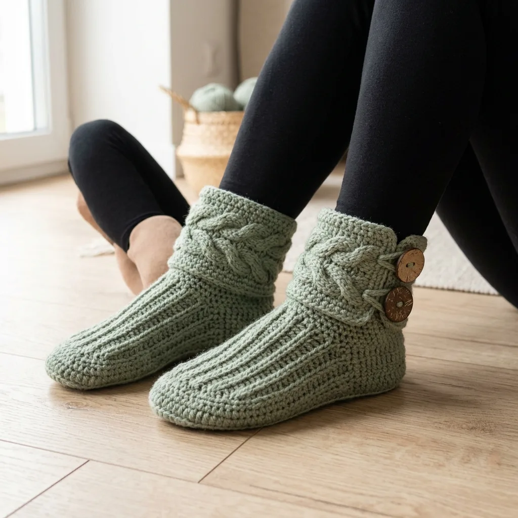 Sage Green Boho Button Slipper Boots Free Crochet Pattern