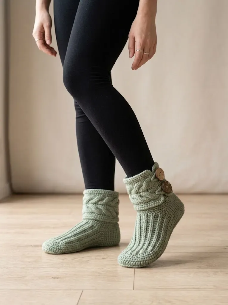 Sage Green Boho Button Slipper Boots Free Crochet Pattern — photo 3
