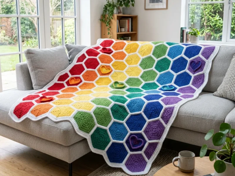 Sunny hexagon kitchen throw with white border