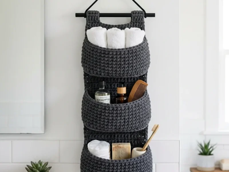 Charcoal gray bathroom storage basket crochet pattern