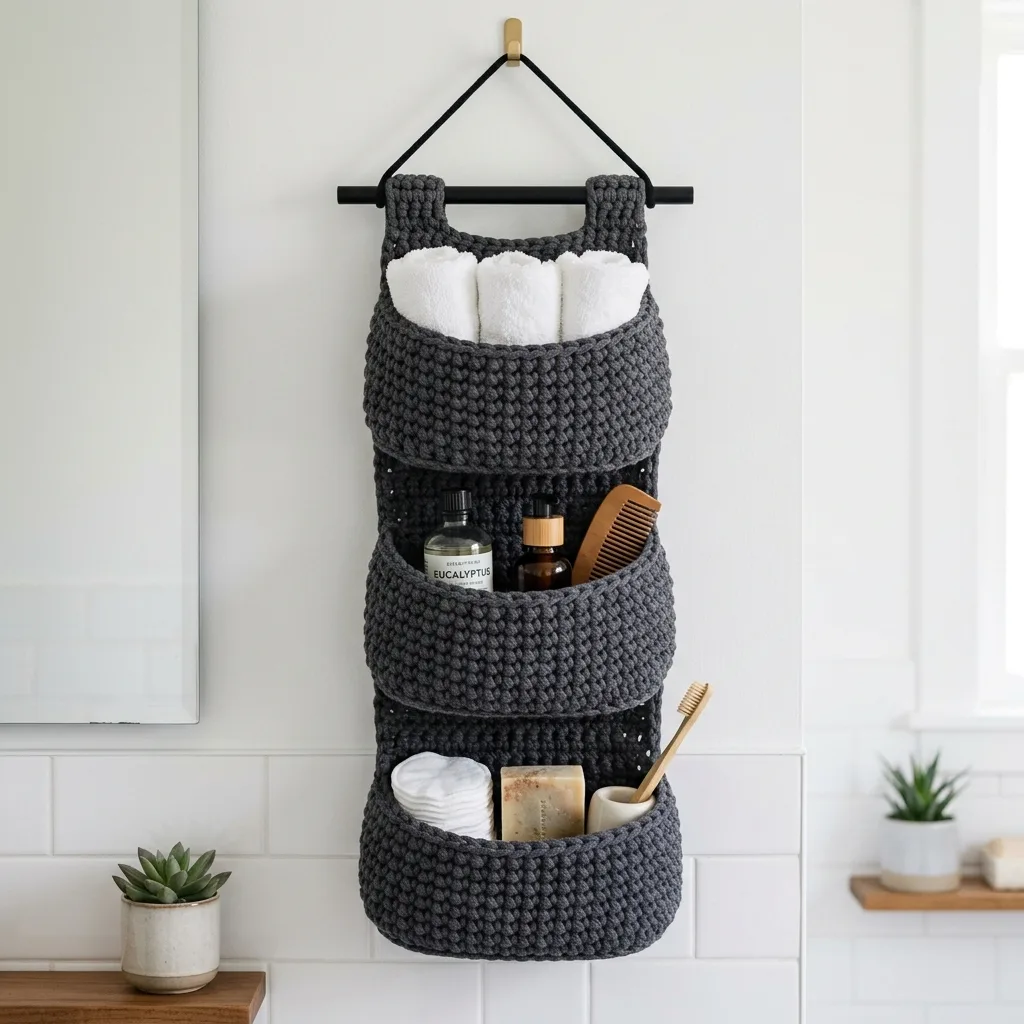 Charcoal gray bathroom storage basket crochet pattern