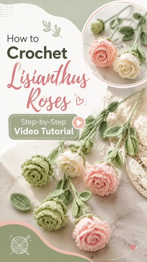 Crochet lisianthus flower with layered petals and leaves