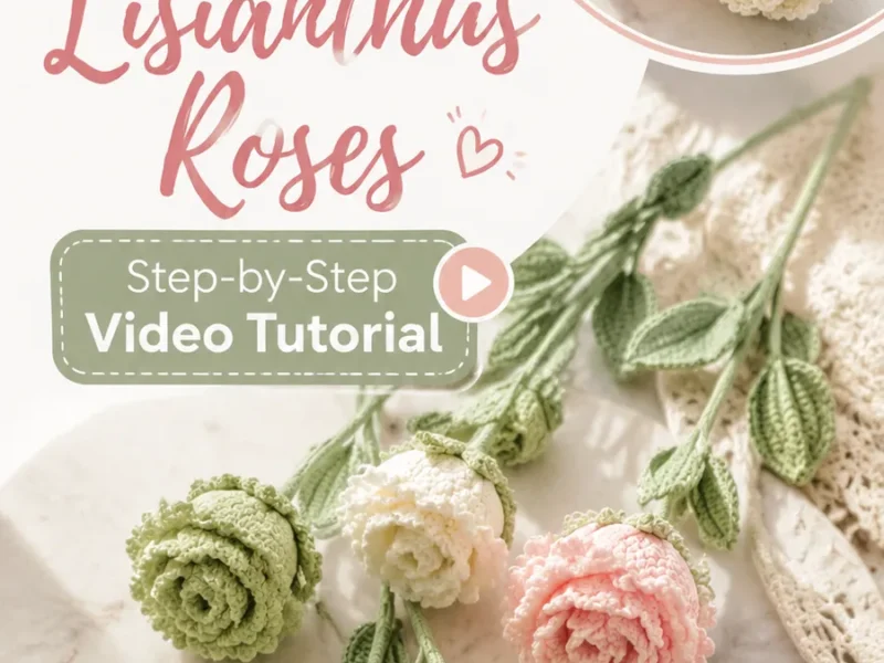 Crochet lisianthus flower with layered petals and leaves