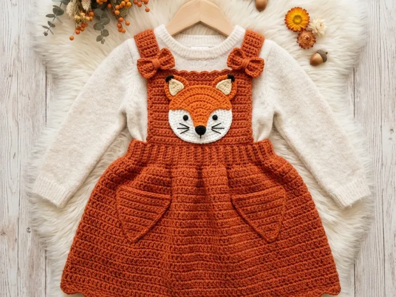 A crochet fox pinafore dress for baby