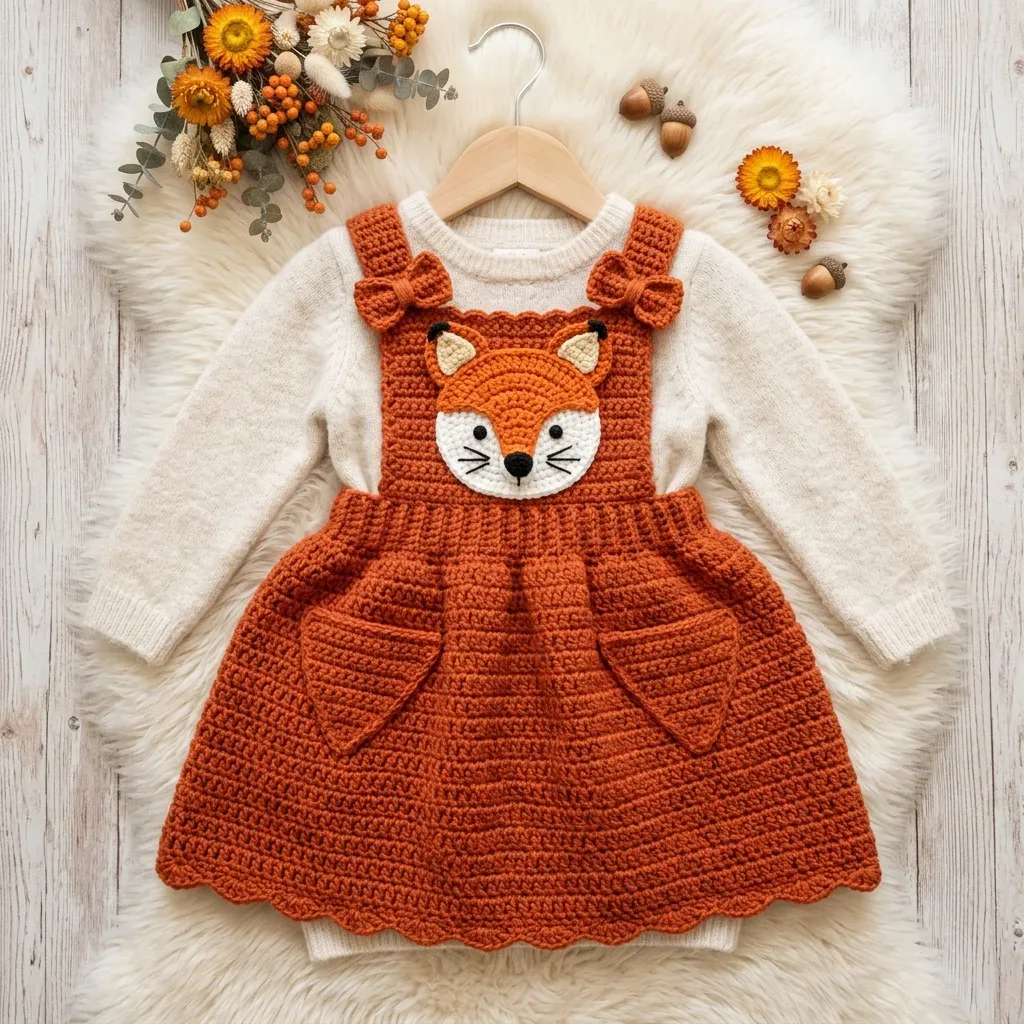 A crochet fox pinafore dress for baby
