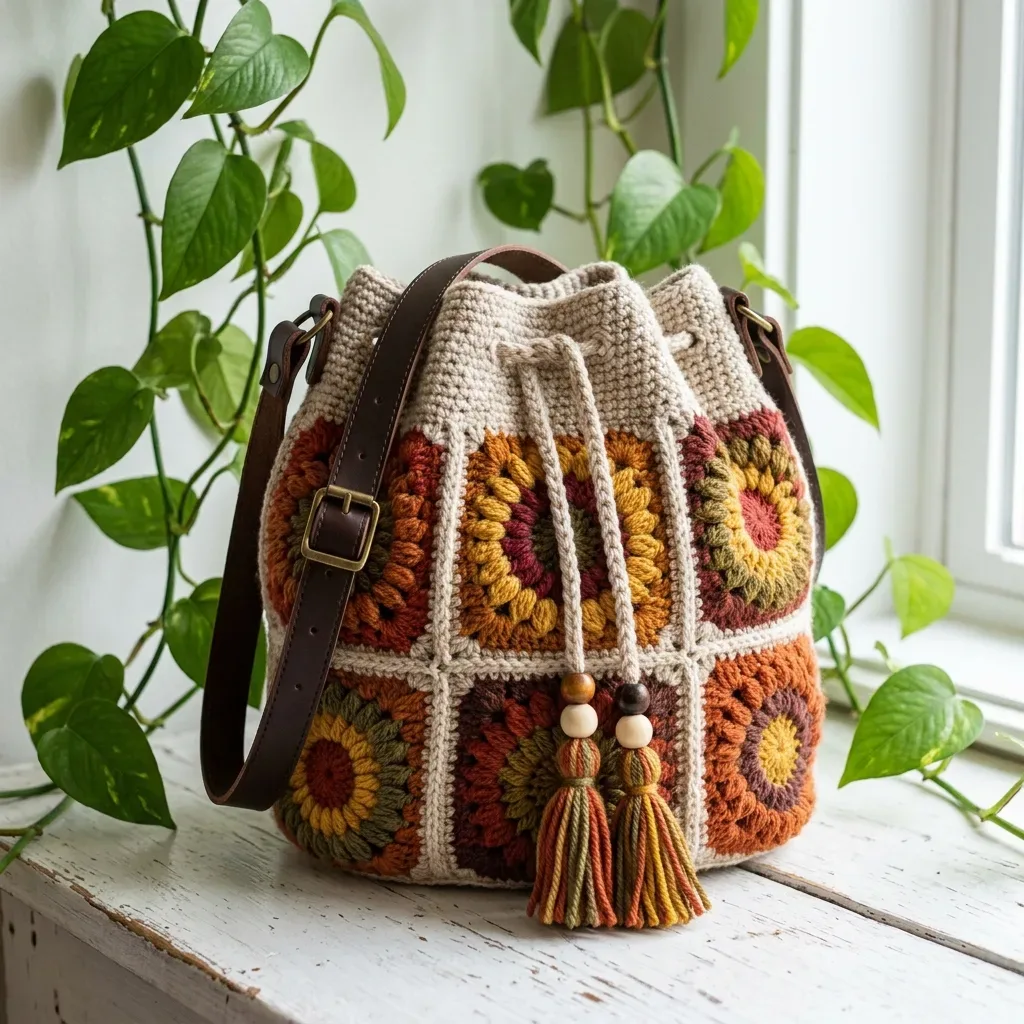 Granny square sunburst tote crochet pattern
