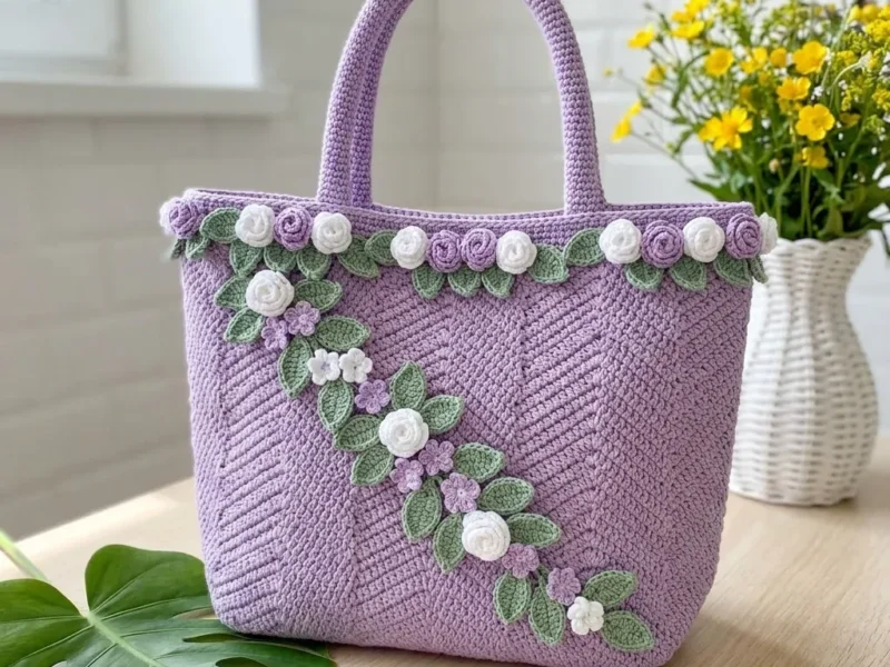 Lavender chevron tote with herringbone texture and rolled flowers