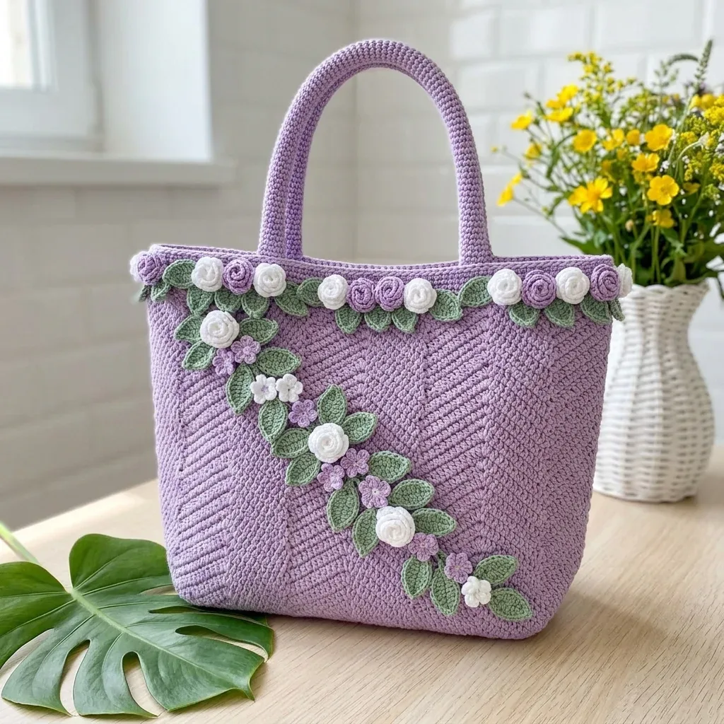Lavender chevron tote with herringbone texture and rolled flowers