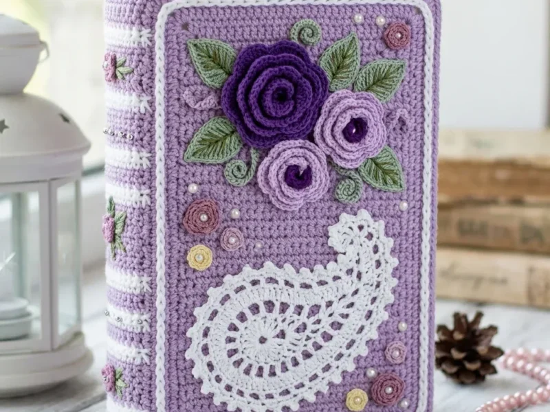 Rose bouquet book sleeve with lavender crochet border