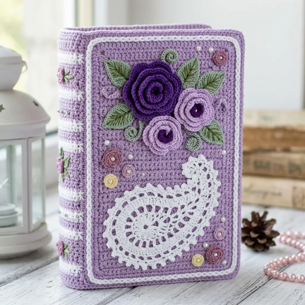 Rose bouquet book sleeve with lavender crochet border