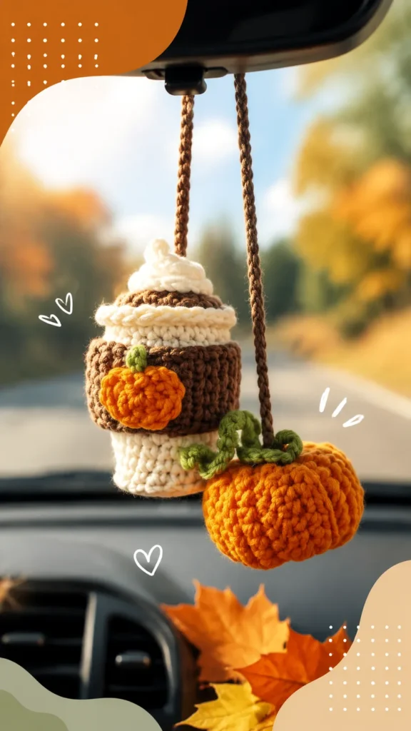 Mini pumpkin and cup crochet car charm pattern