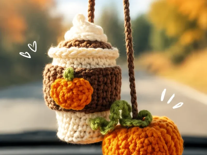 Mini pumpkin and cup crochet car charm pattern