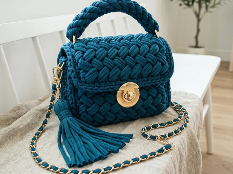 Ocean teal woven purse made with t-shirt yarn
