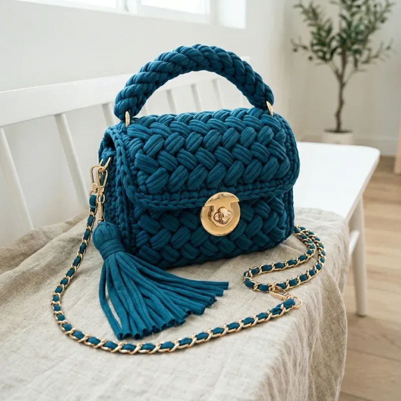 Ocean teal woven purse made with t-shirt yarn — photo 2