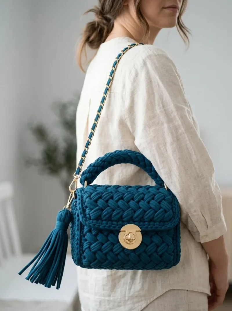 Ocean teal woven purse made with t-shirt yarn — photo 3