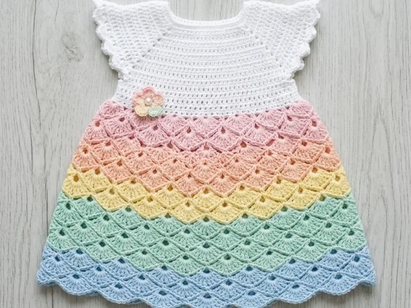Rainbow pastel shell stitch baby dress crochet pattern