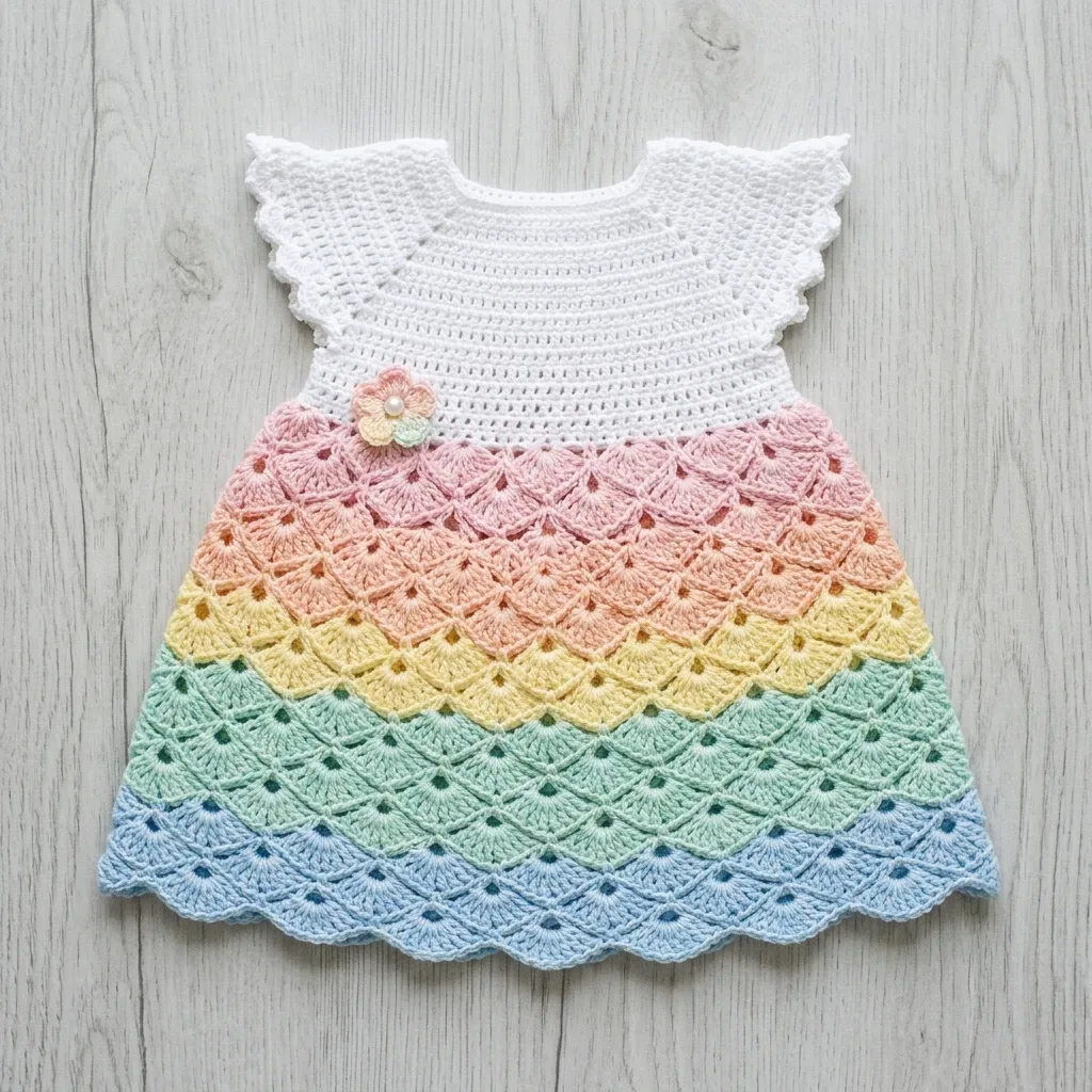 Rainbow pastel shell stitch baby dress crochet pattern