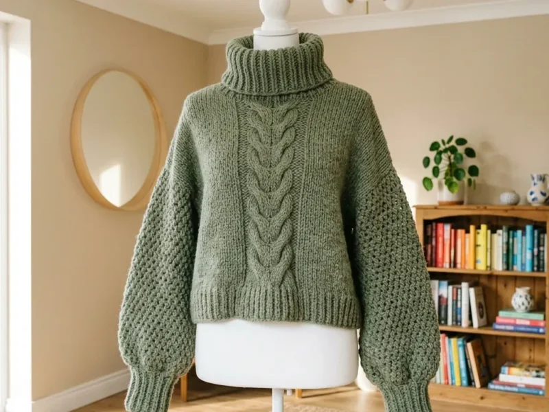 Sage chunky turtleneck sweater with a cabled front panel
