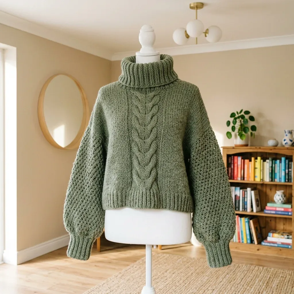 Sage chunky turtleneck sweater with a cabled front panel