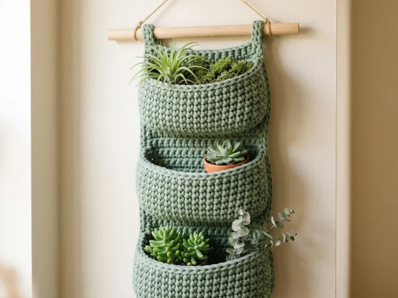 Sage green tiered wall planter crochet pattern