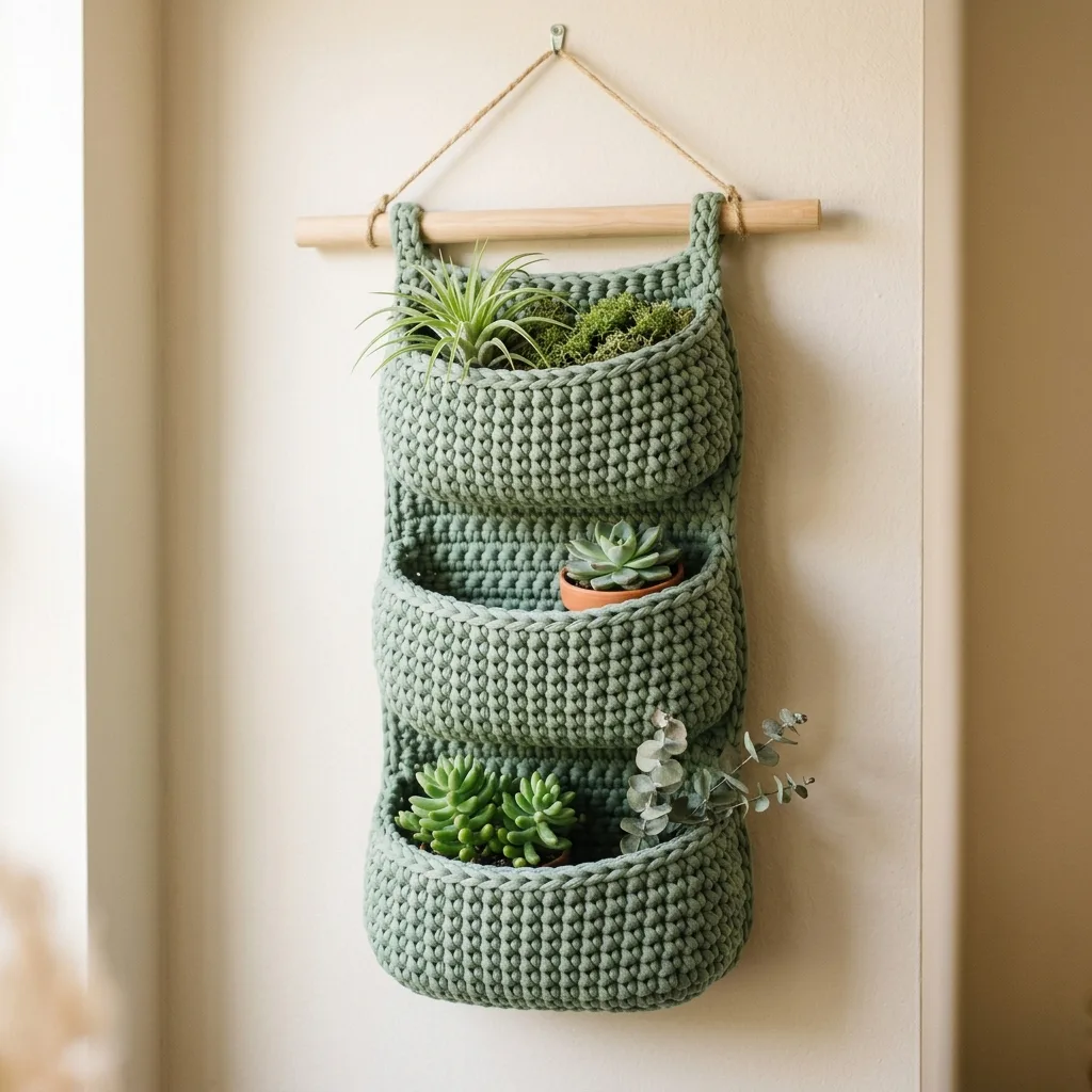 Sage green tiered wall planter crochet pattern