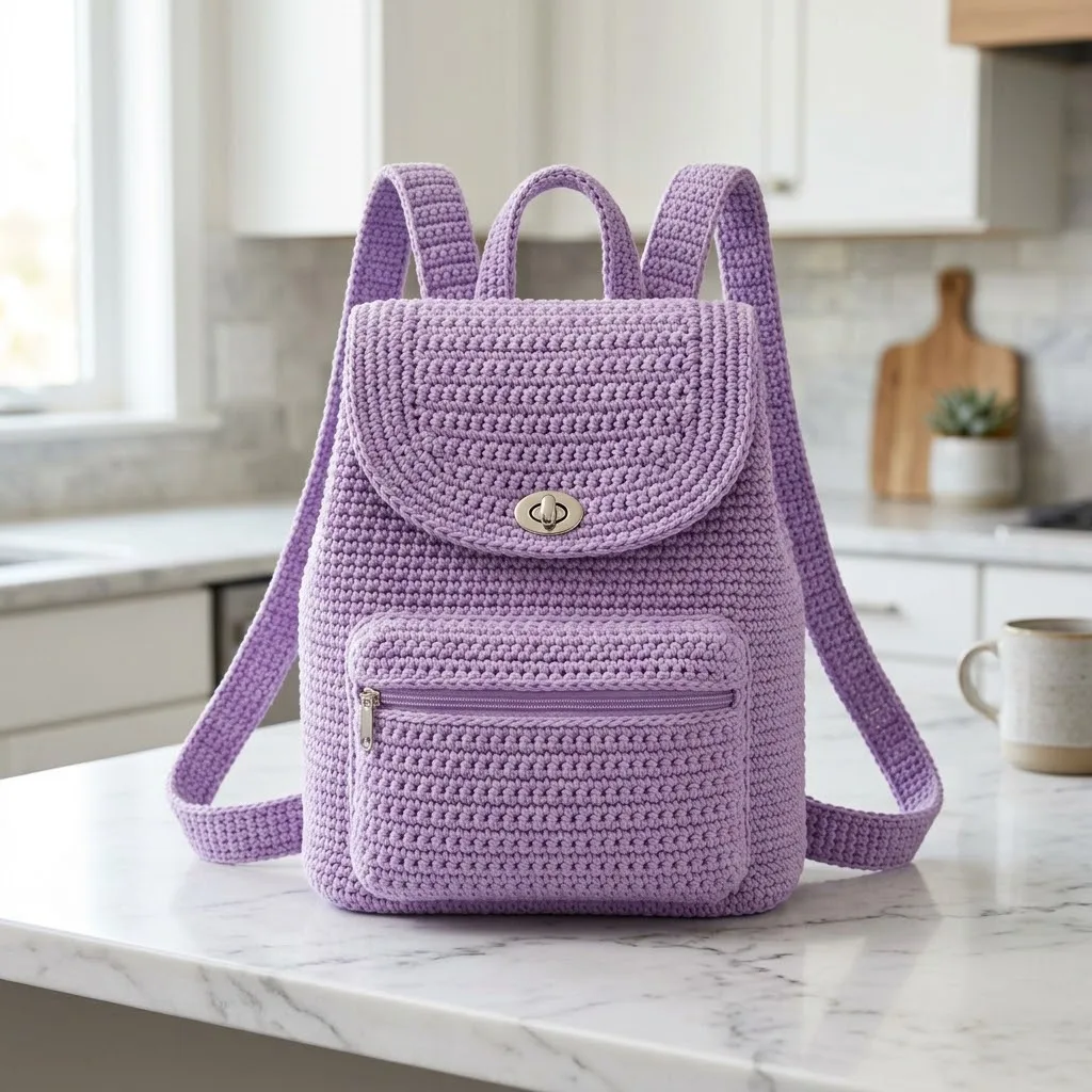 Soft lavender crochet backpack for everyday carry