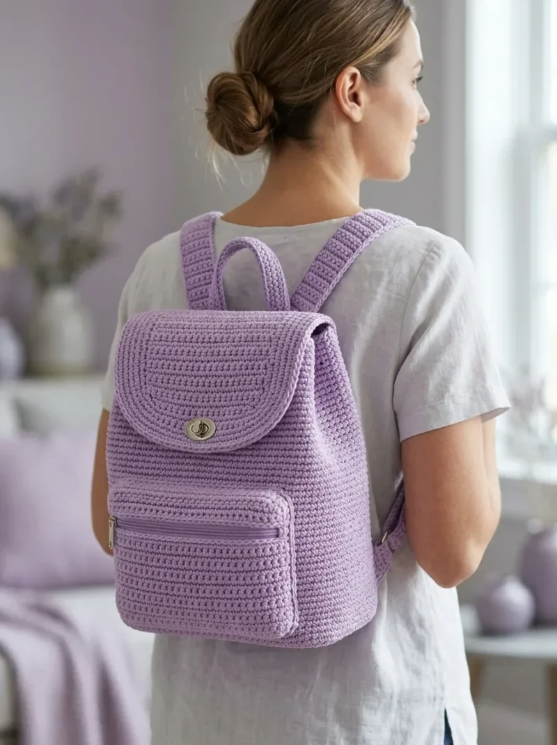 Soft lavender crochet backpack for everyday carry — photo 3