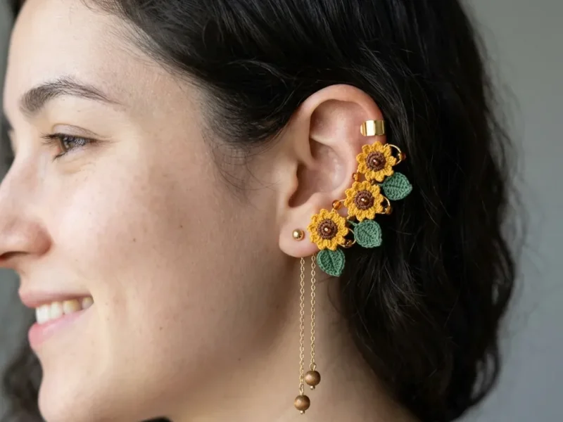 Three tiny sunflowers on a wire ear climber