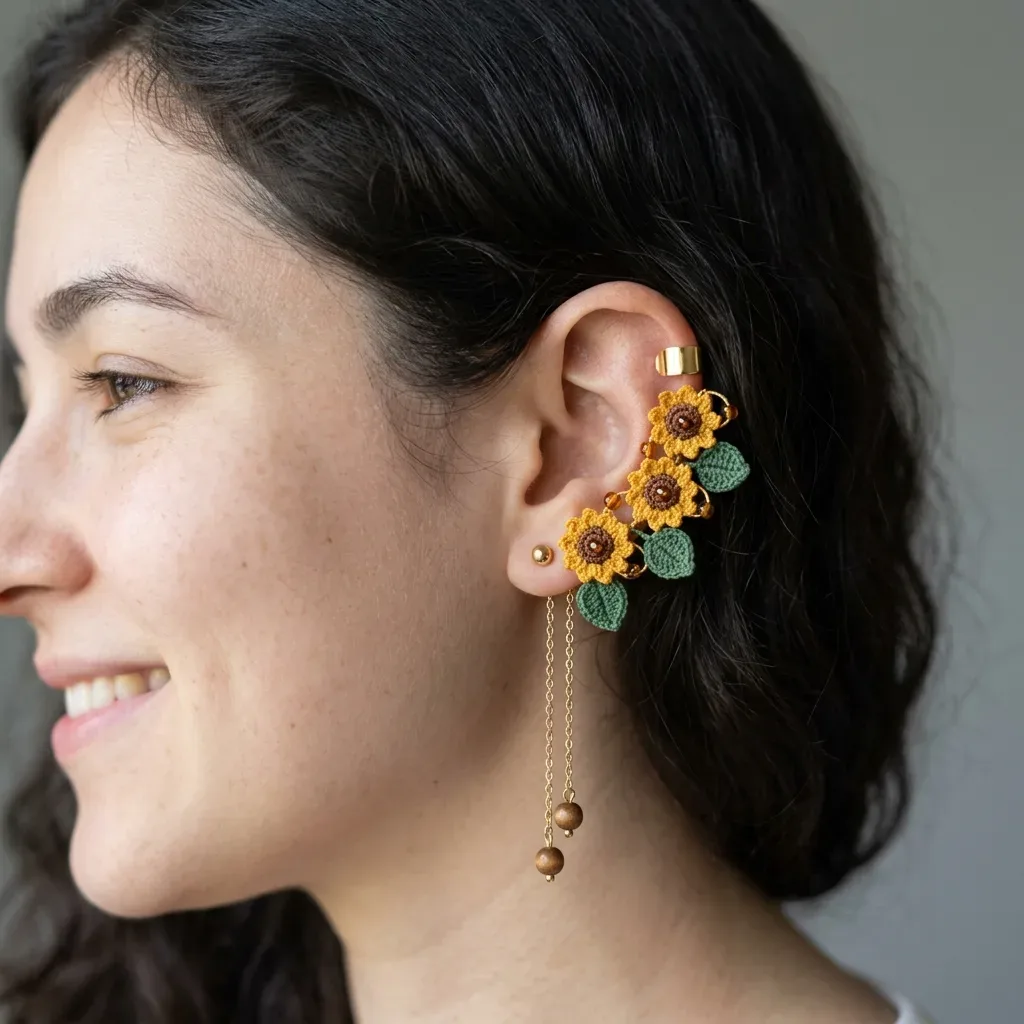Three tiny sunflowers on a wire ear climber