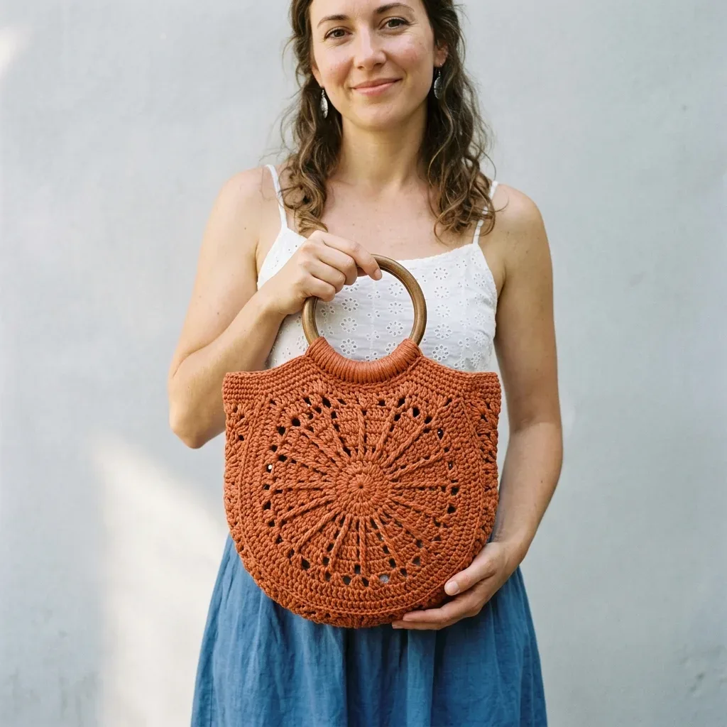 Terracotta sunburst bag with a flat-top D-shape