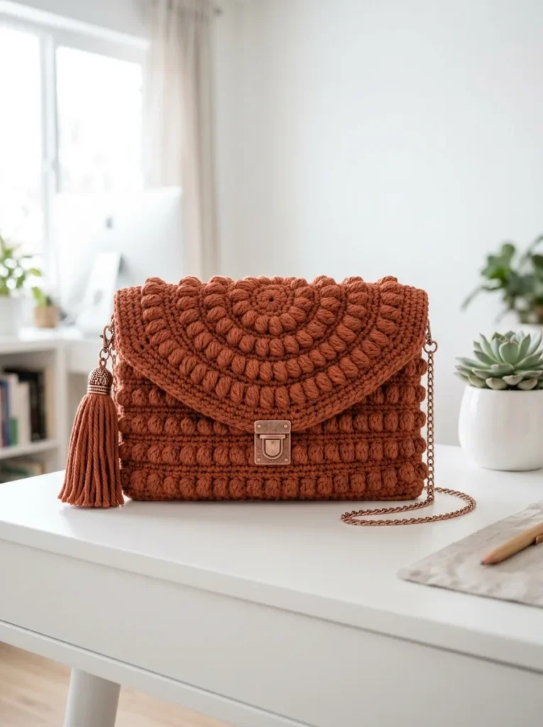 Bobble textured crochet clutch bag with chain strap