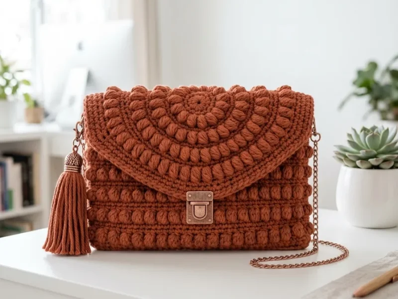 Bobble textured crochet clutch bag with chain strap