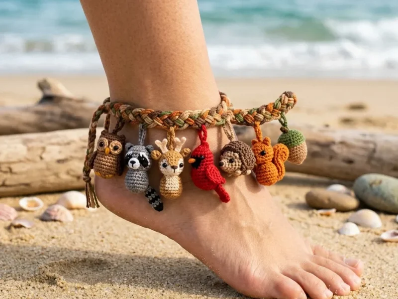 Woodland charm anklet with seven tiny amigurumi friends